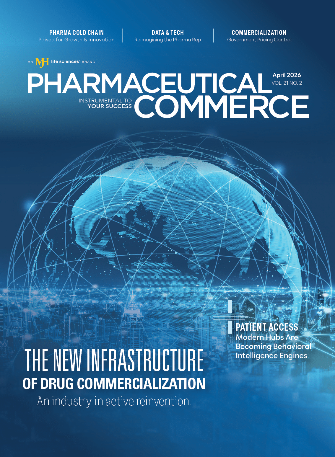 The cover of Pharmaceutical Commerce features a colorful image of a truck driving down a road. AI generated content