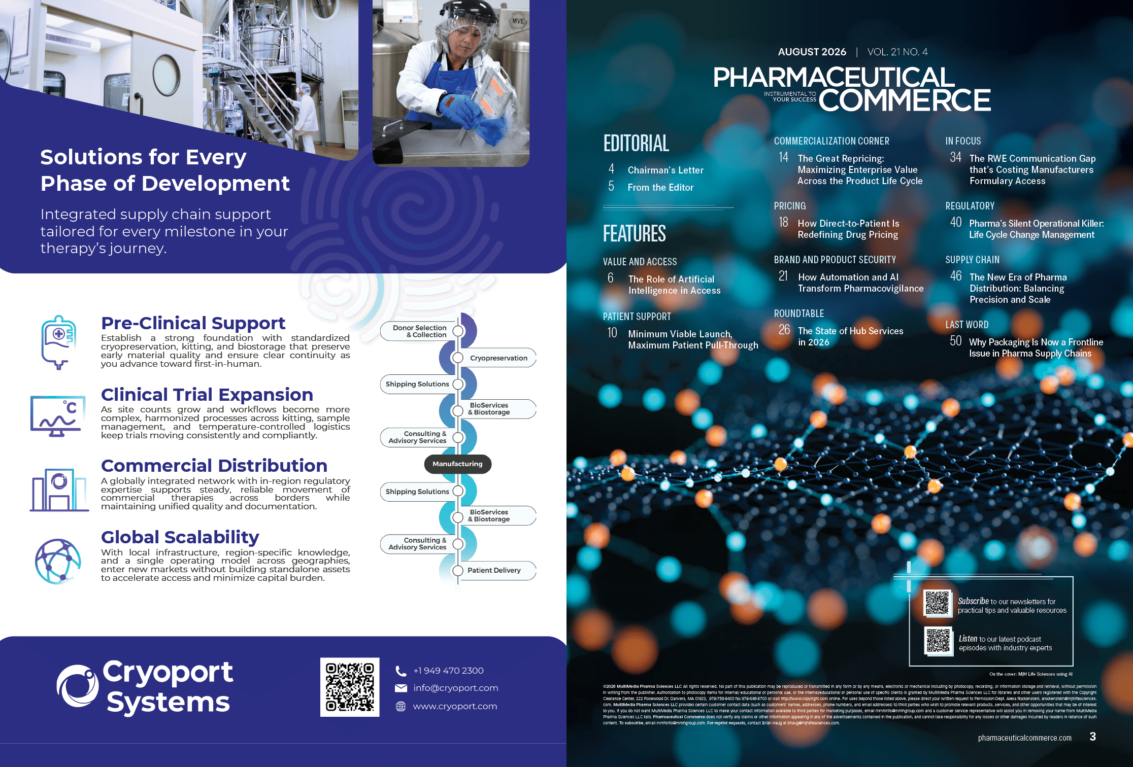 A two-page spread features a pharmaceutical commerce magazine cover with a digital molecular network background on the right and an advertisement for Cryoport Systems on the left highlighting support for pre-clinical, clinical trial, commercial distribution, and global scalability phases of therapy development. Description generated by AI
