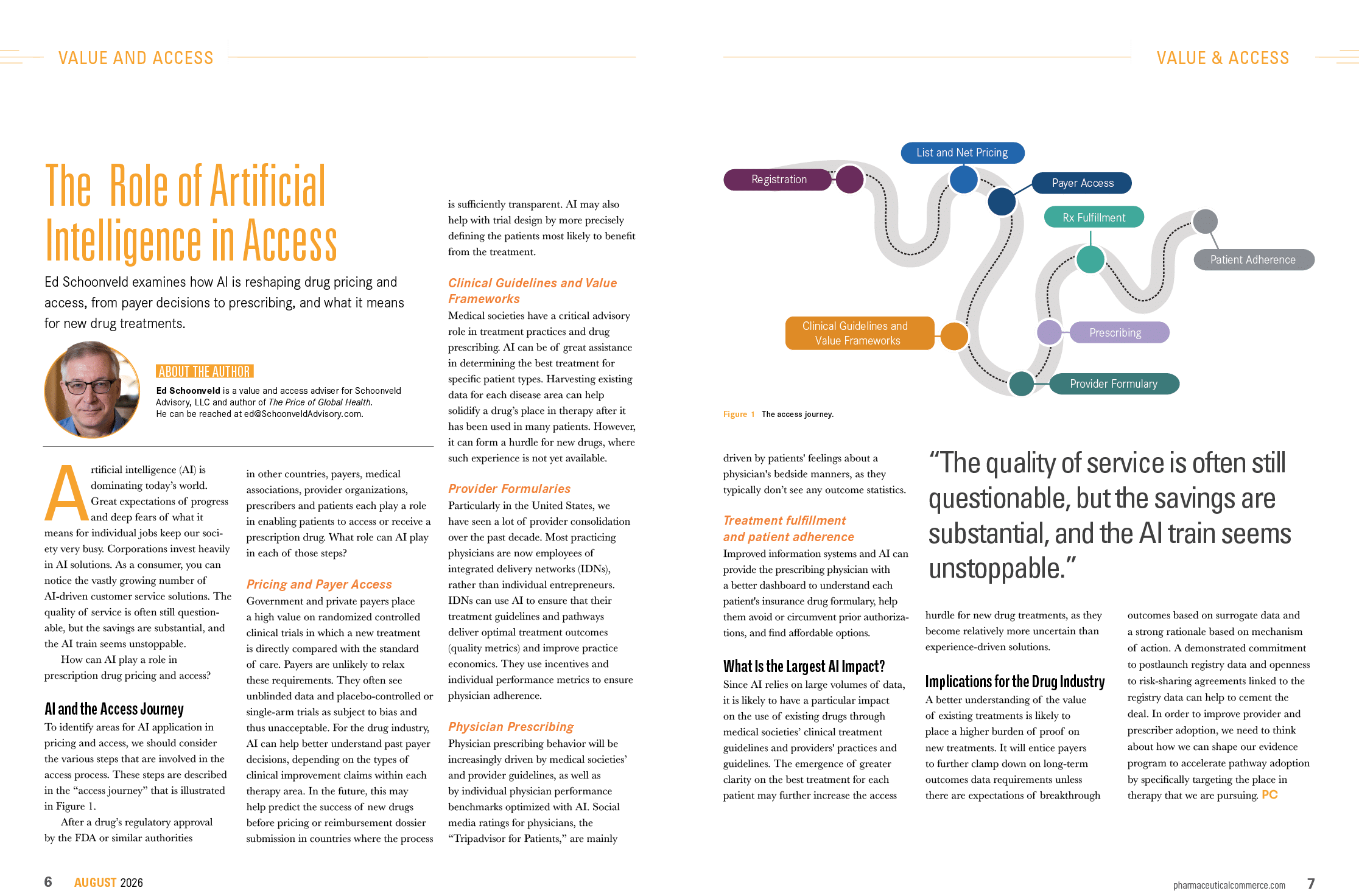 A two-page magazine spread discusses the role of artificial intelligence in access with text, a small portrait of a person, and a colorful infographic illustrating AI-related concepts and processes. Description generated by AI