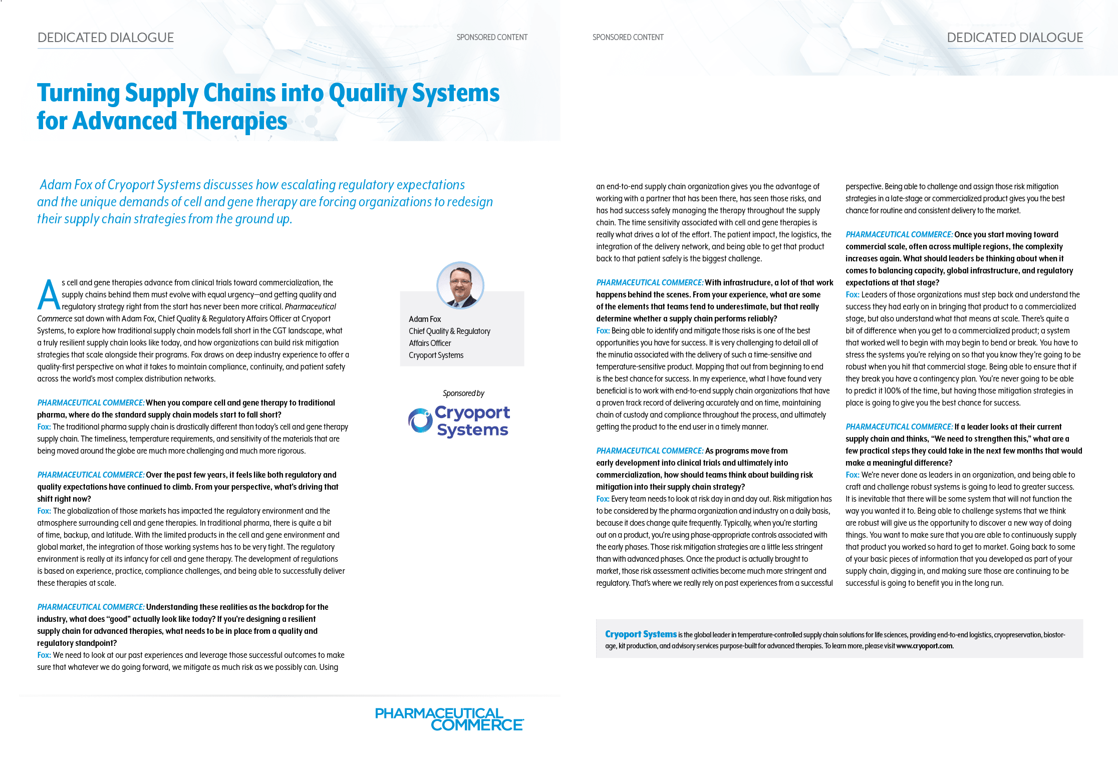 A two-page magazine spread features an article titled “Turning Supply Chains Into Quality Systems for Advanced Therapies" with text columns, a small portrait of an adult with short hair, and a company logo. Description generated by AI
