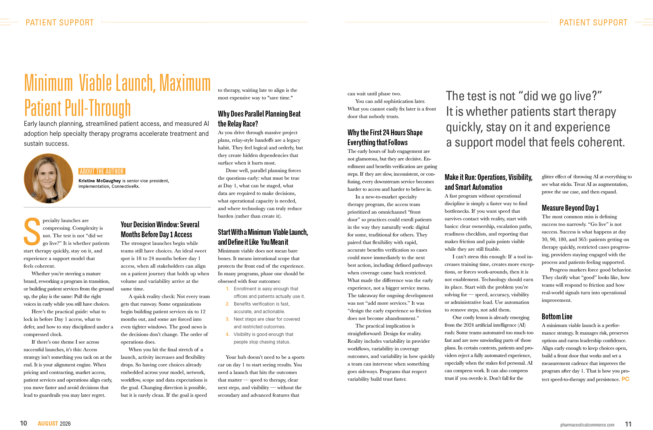 A magazine article titled “Minimum Viable Lannel, Maximum Patient Pull-Through" features a headshot of an adult with shoulder-length hair and discusses patient support strategies in a multi-column layout with highlighted quotes and bold text. Description generated by AI