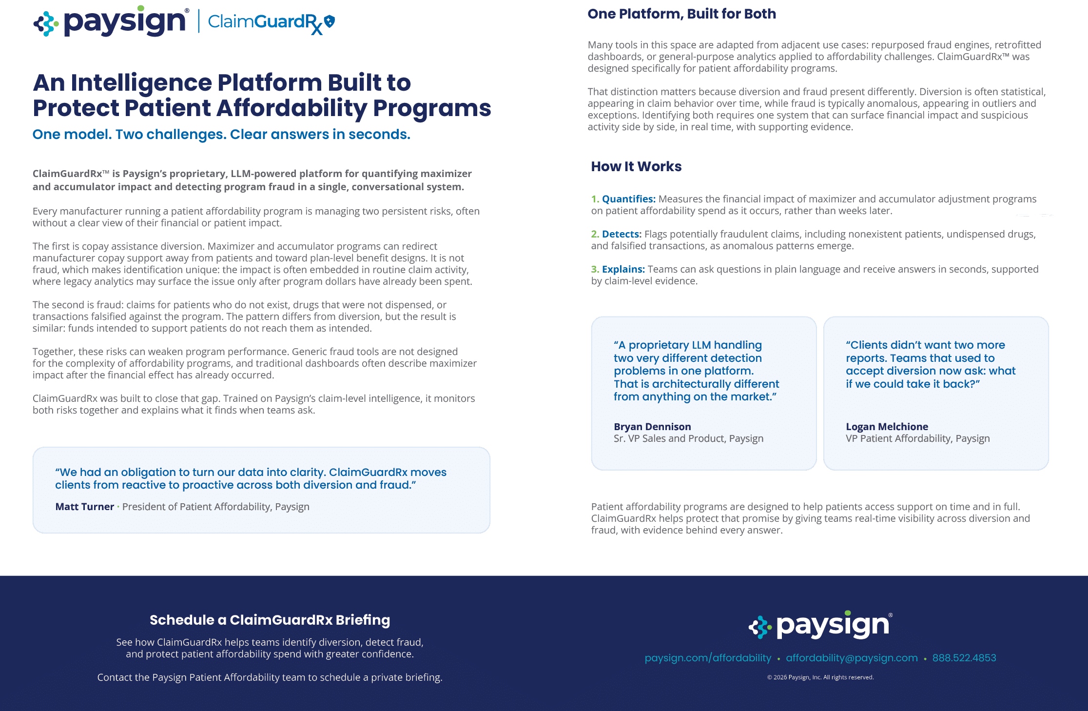 A professional flyer describes PaySign's intelligence platform designed to protect patient affordability programs by detecting fraud and abuse through data analysis and machine learning, featuring client testimonials and contact information. Description generated by AI