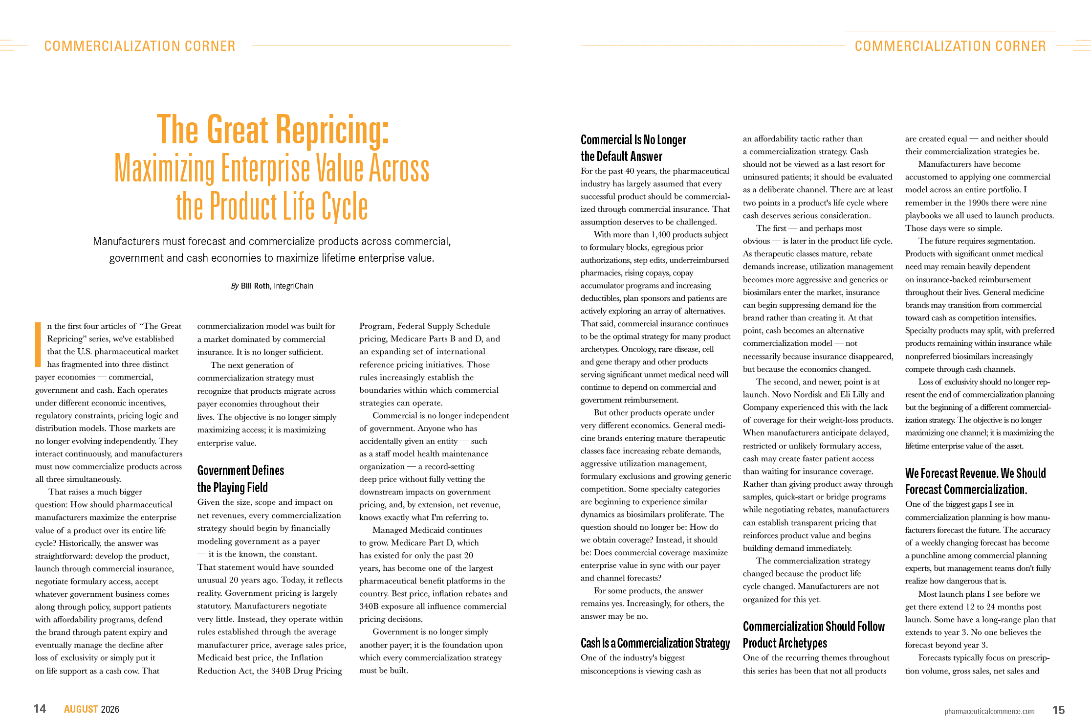 A two-page magazine article titled The Great Repricing Maximizing Enterprise Value Across the Product Life Cycle features dense text in a three-column layout with orange headings and accents. Description generated by AI