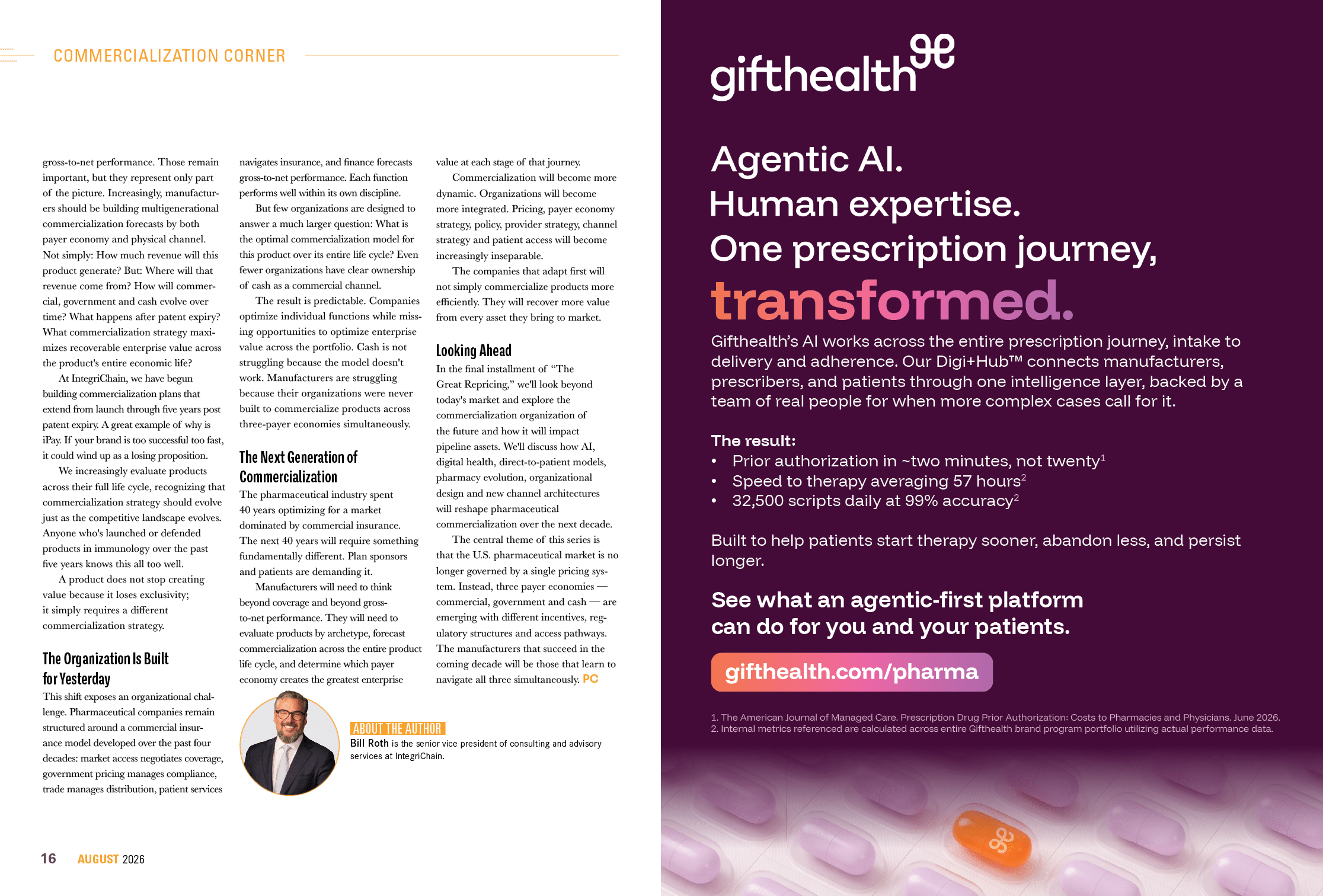A two-page magazine spread features an article with dense text and a small photo of an adult wearing a suit on the left page, while the right page displays a bold advertisement for Gifthealth promoting an AI-powered prescription platform with a purple background and an image of pills at the bottom. Description generated by AI