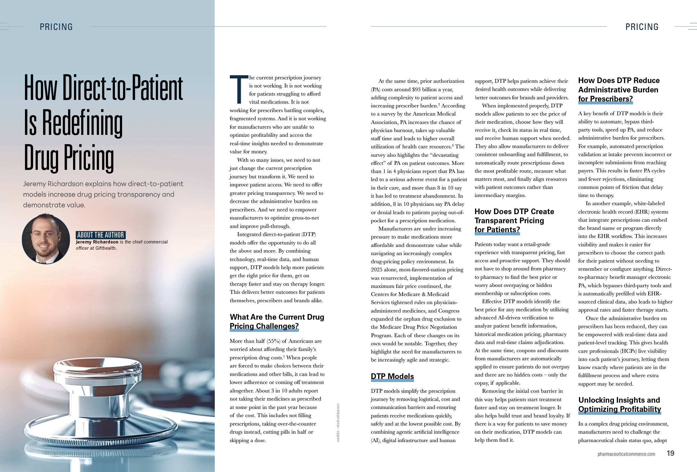 An article spread discussing how direct-to-patient models are changing drug pricing, featuring a photo of a person with short hair and a beard, and a close-up of a stethoscope on a table. Description generated by AI