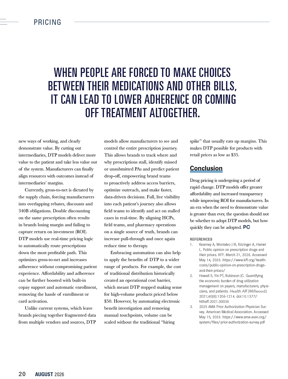 A page from a publication discussing the impact of medication and bill payment choices on treatment adherence, featuring a bold headline and dense text in a two-column layout. Description generated by AI
