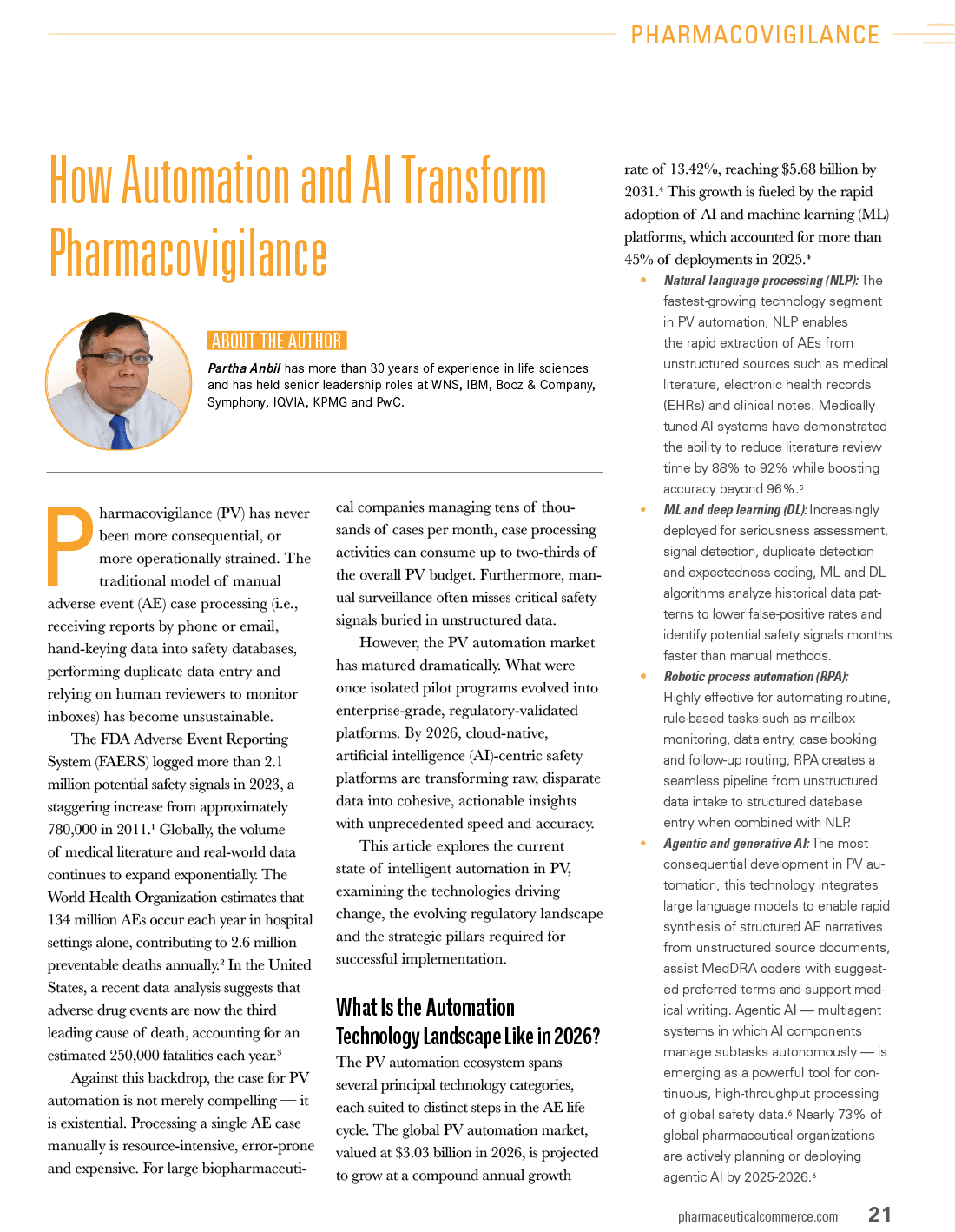 A professional article titled “How Automation and AI Transform Pharmacovigilance" features a headshot of a senior person with glasses and discusses advancements in pharmacovigilance through automation and AI technologies. Description generated by AI