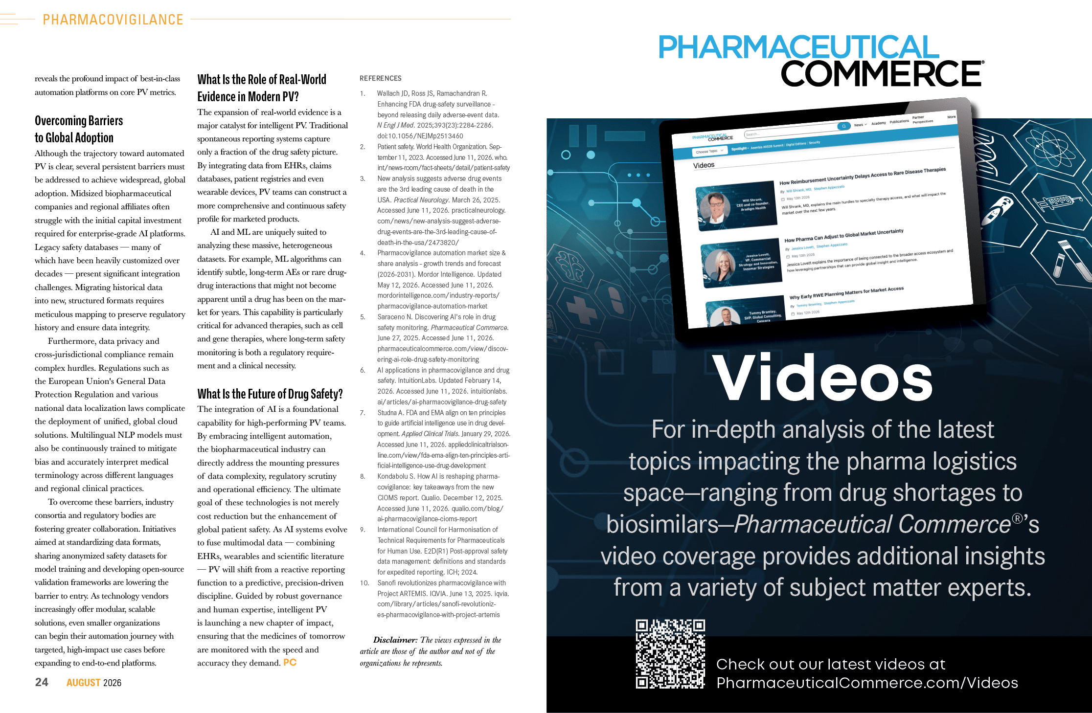 A magazine spread featuring an article on pharmaceutical vigilance on the left and an advertisement for Pharmaceutical Commerce videos on the right with a tablet displaying video thumbnails and a link to the website for more video content. Description generated by AI