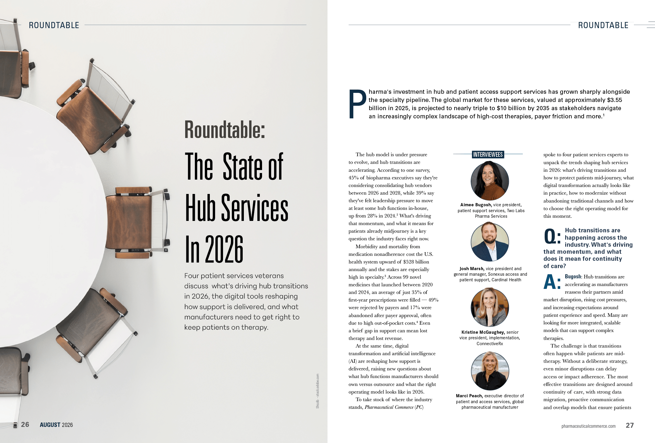 A magazine spread titled “Roundtable The State of Hub Services in 2026" features an overhead view of empty office chairs on the left and a discussion with four adults and their names and titles on the right. Description generated by AI