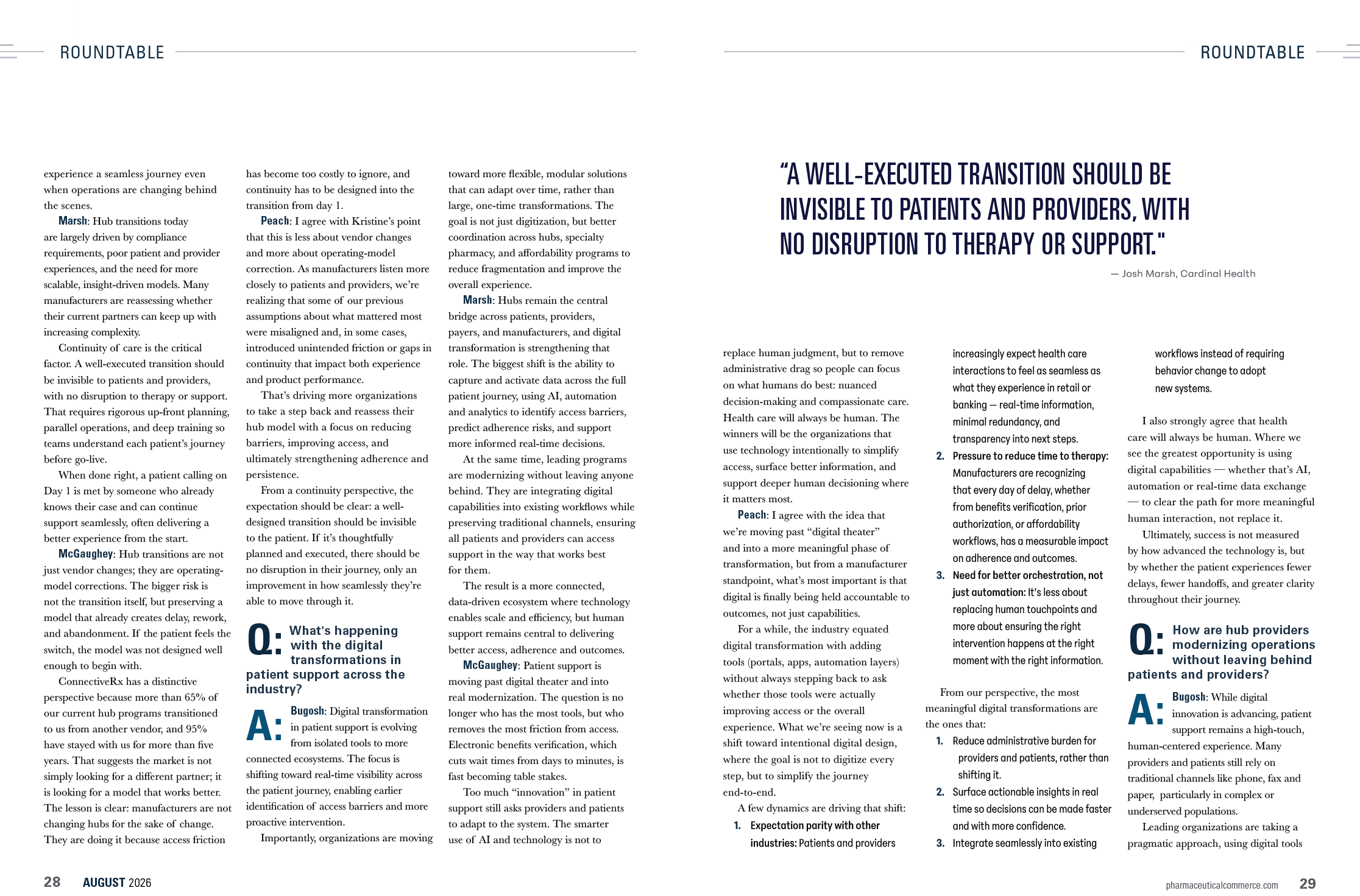 A two-page magazine spread features dense text columns discussing a roundtable topic with highlighted questions and answers in a professional layout. Description generated by AI