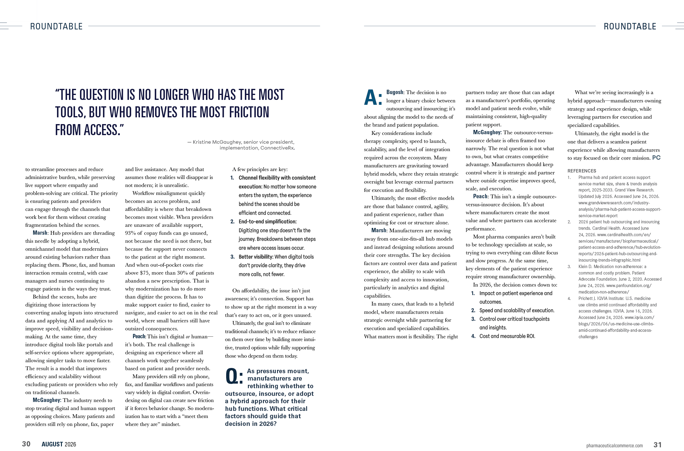 A two-page magazine spread features a roundtable discussion with multiple columns of text, a bold quote on the left page, and a question and answer format highlighted in blue on the right page. Description generated by AI