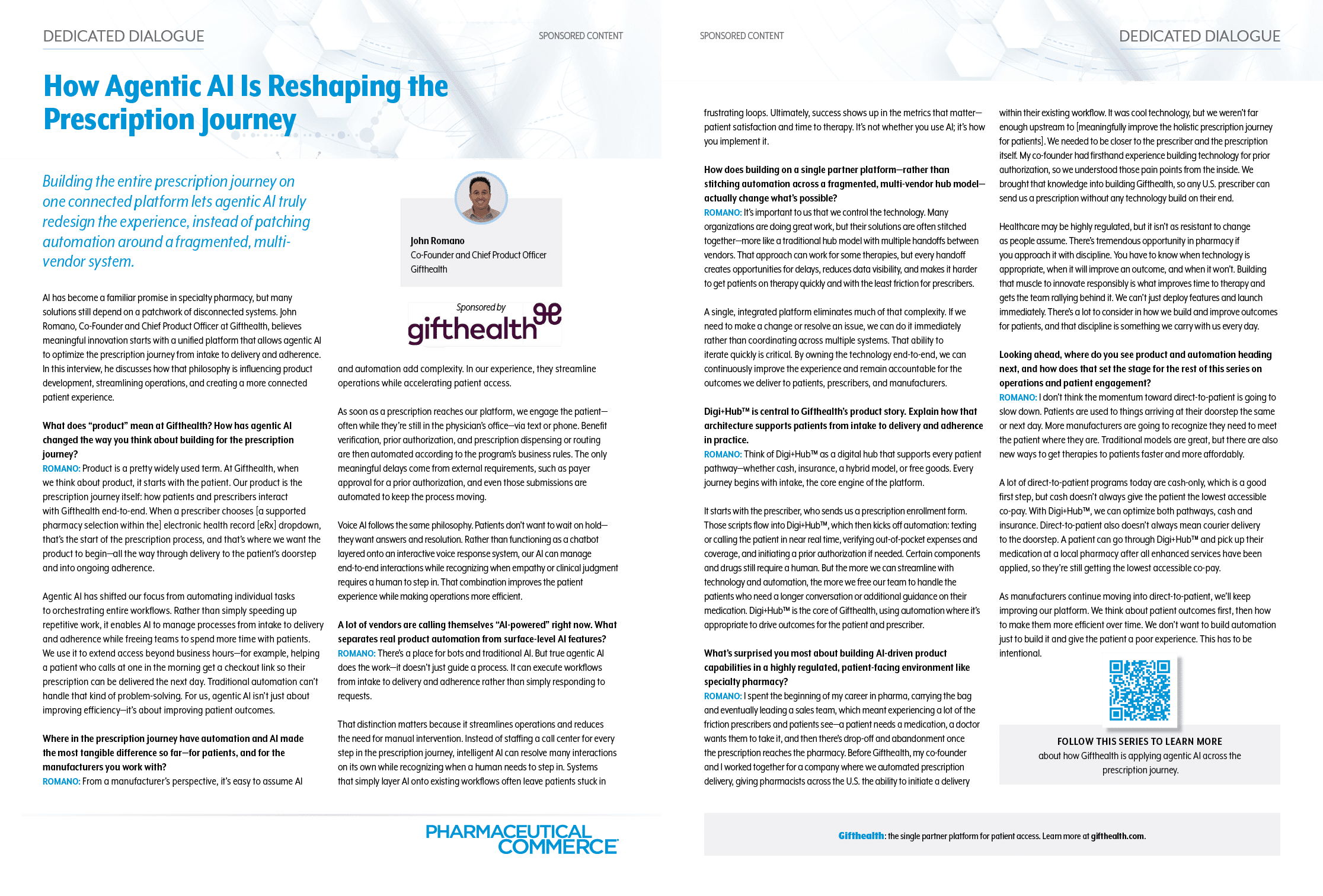 Two-page magazine spread featuring an article titled “How Agentic AI Is Reshaping the Prescription Journey" with text columns, a small portrait of an adult with short hair, and a logo for gifthealth. Description generated by AI