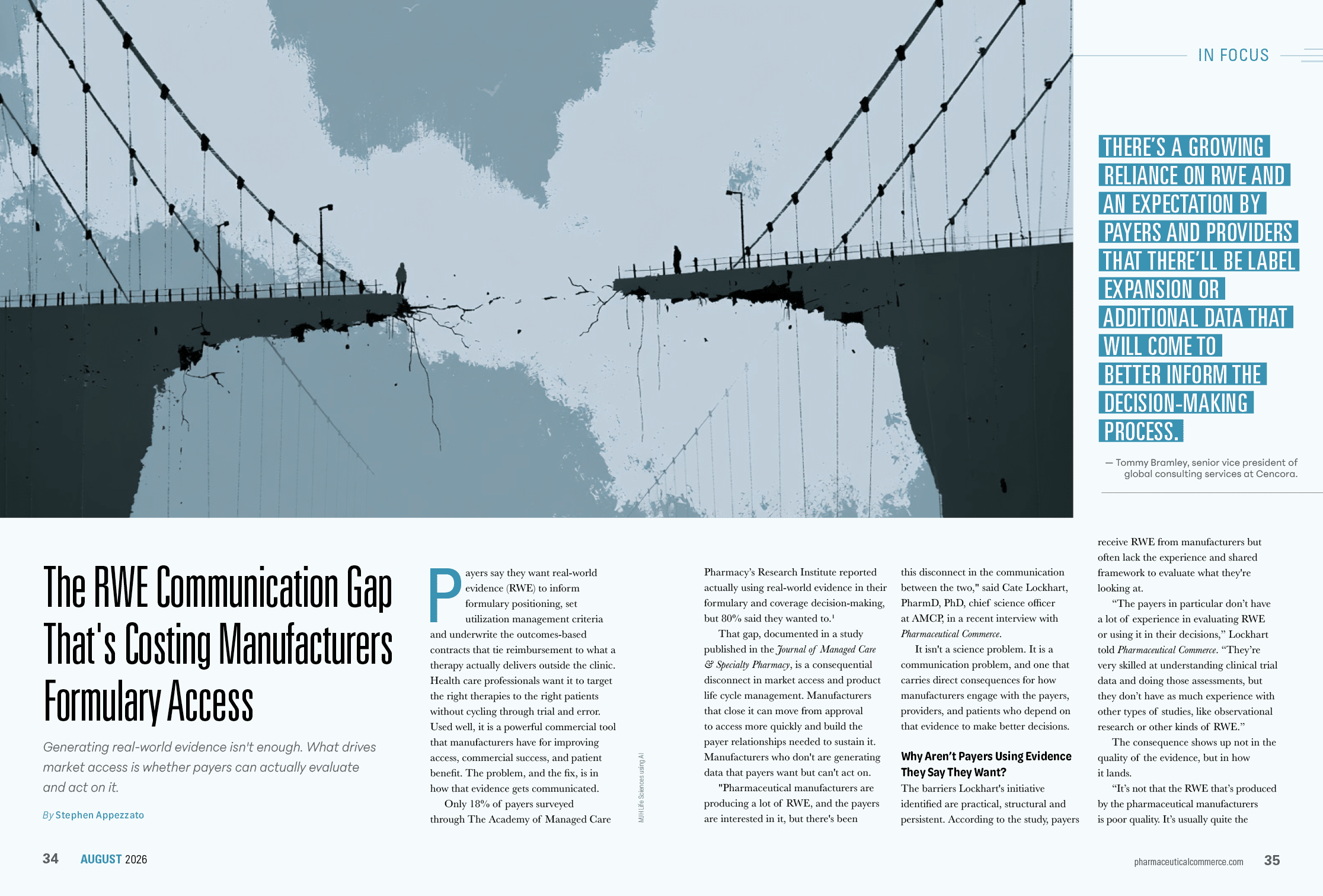 A stylized graphic of a suspension bridge with text discussing the RWE communication gap affecting manufacturers' access to data and decision-making processes. Description generated by AI