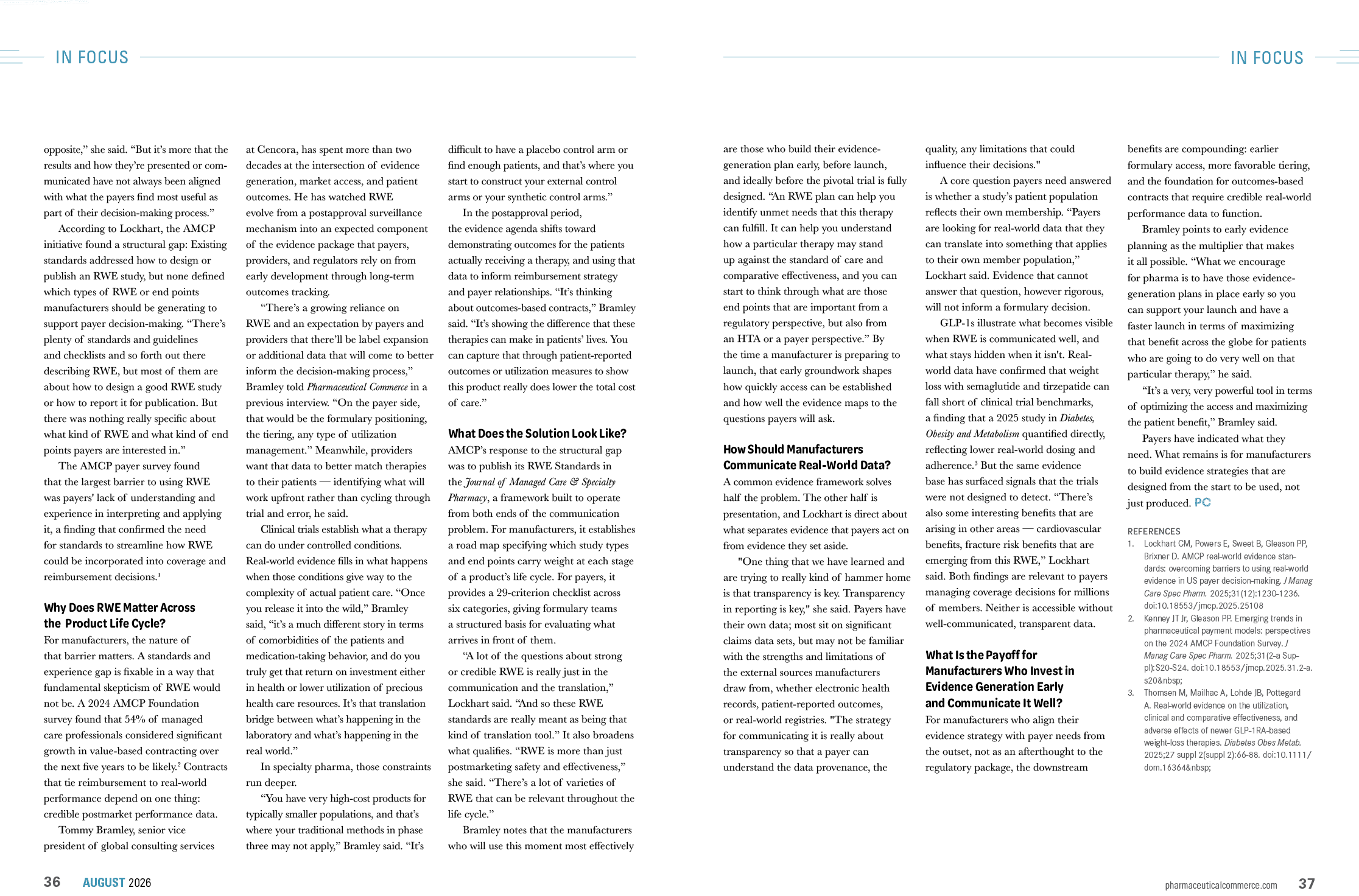 Two-page spread of a densely packed text article with small blue headings and black body text arranged in multiple columns on a white background. Description generated by AI