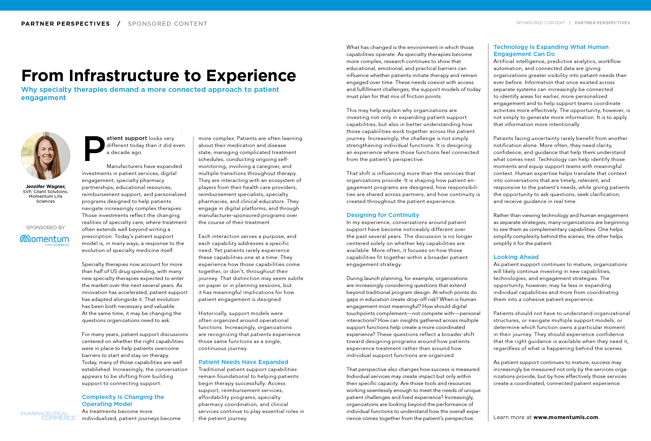 A multi-column article titled “From Infrastructure to Experience" features a headshot of a smiling adult with long hair and discusses the evolution of digital infrastructure and user experience in a professional context. Description generated by AI