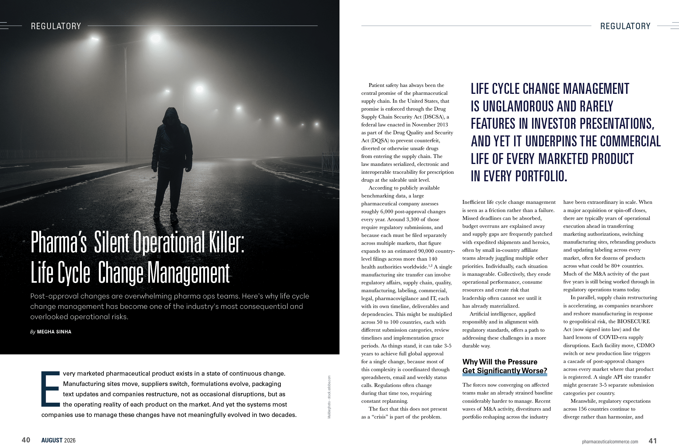 A person wearing a hooded jacket walks alone on a foggy, dimly lit street at night next to an article titled Pharma's Silent Operational Killer Life Cycle Change Management discussing challenges in pharma operations. Description generated by AI