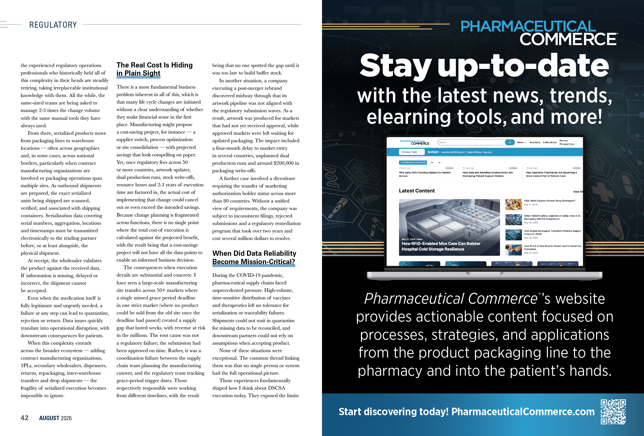 A magazine spread featuring an article on pharmaceutical commerce with text columns on the left and an advertisement on the right promoting a website for staying updated on news, trends, and e-learning tools in the pharmaceutical industry. Description generated by AI