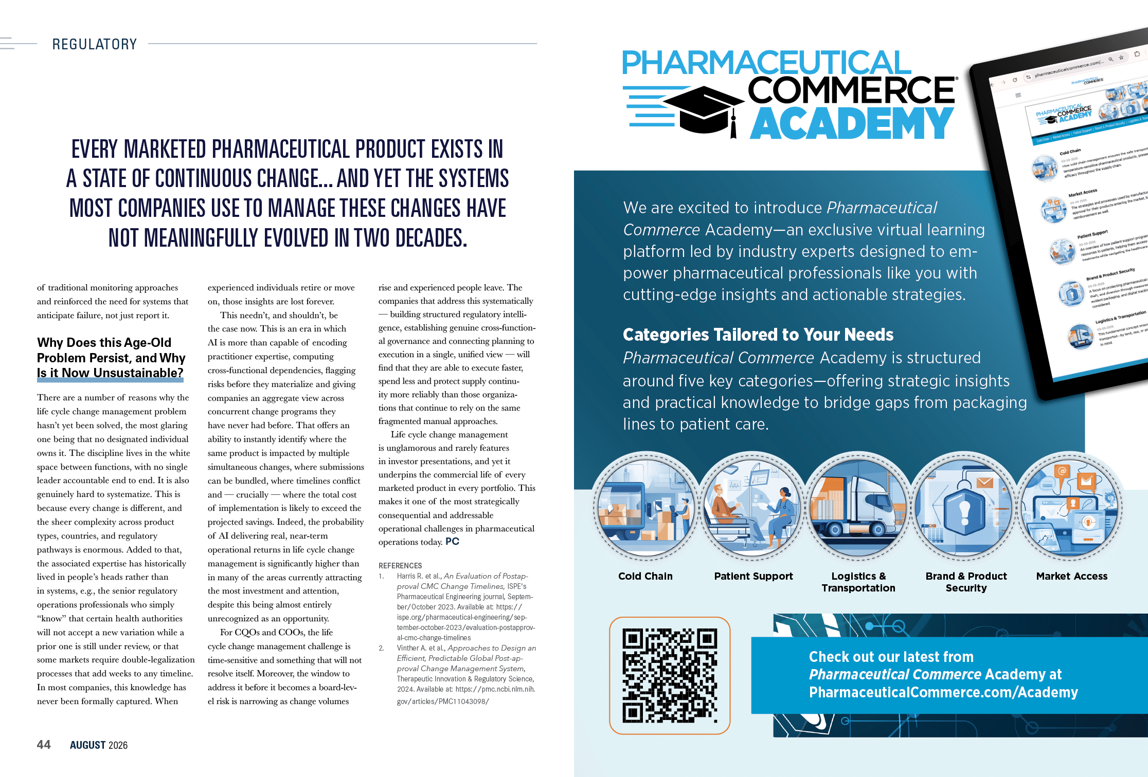 A two-page spread featuring an article about pharmaceutical product costs on the left and an advertisement for Pharmaceutical Commerce Academy, an online learning platform for pharmaceutical professionals, on the right with icons representing different course categories. Description generated by AI