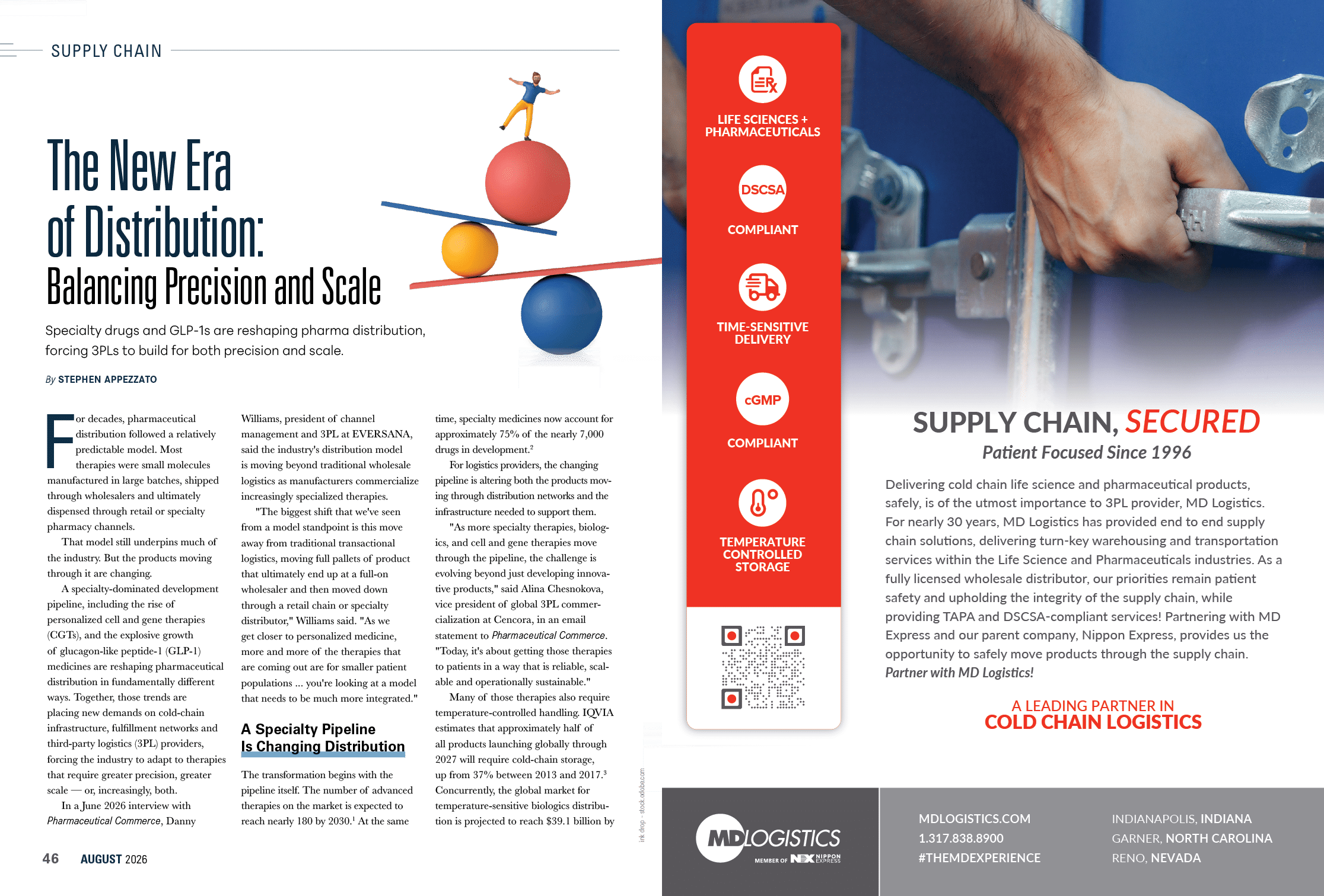 A magazine spread features an article titled “The New Era of Distribution Balancing Precision and Scale" with a graphic of a person balancing on colorful spheres on the left page and an advertisement for a supply chain company specializing in cold chain logistics with a hand opening a metal latch on the right page. Description generated by AI