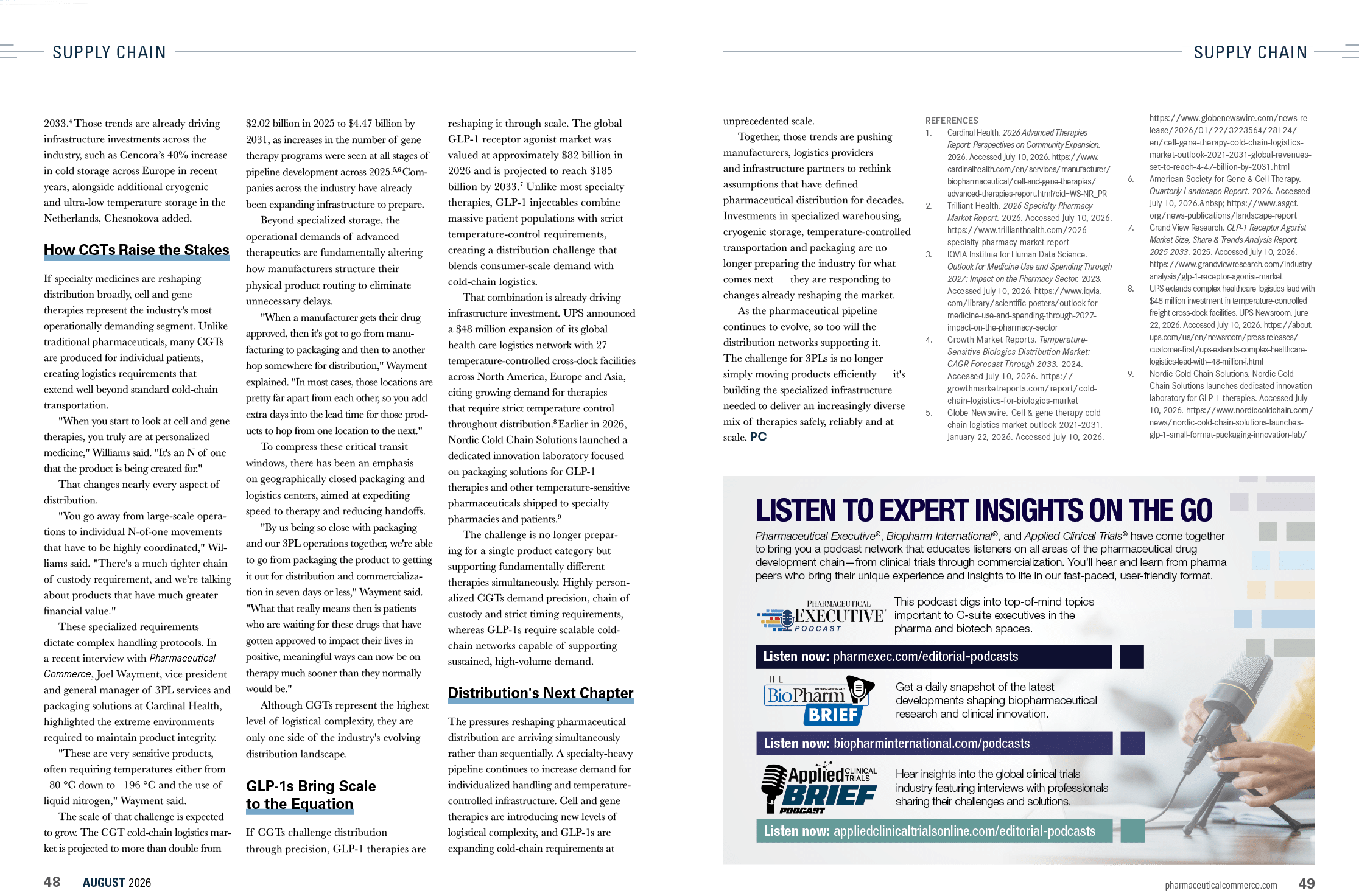 A two-page magazine spread featuring dense text about supply chain topics with a highlighted section promoting expert insights on a podcast, accompanied by a small image of a person using a pipette in a laboratory setting. Description generated by AI