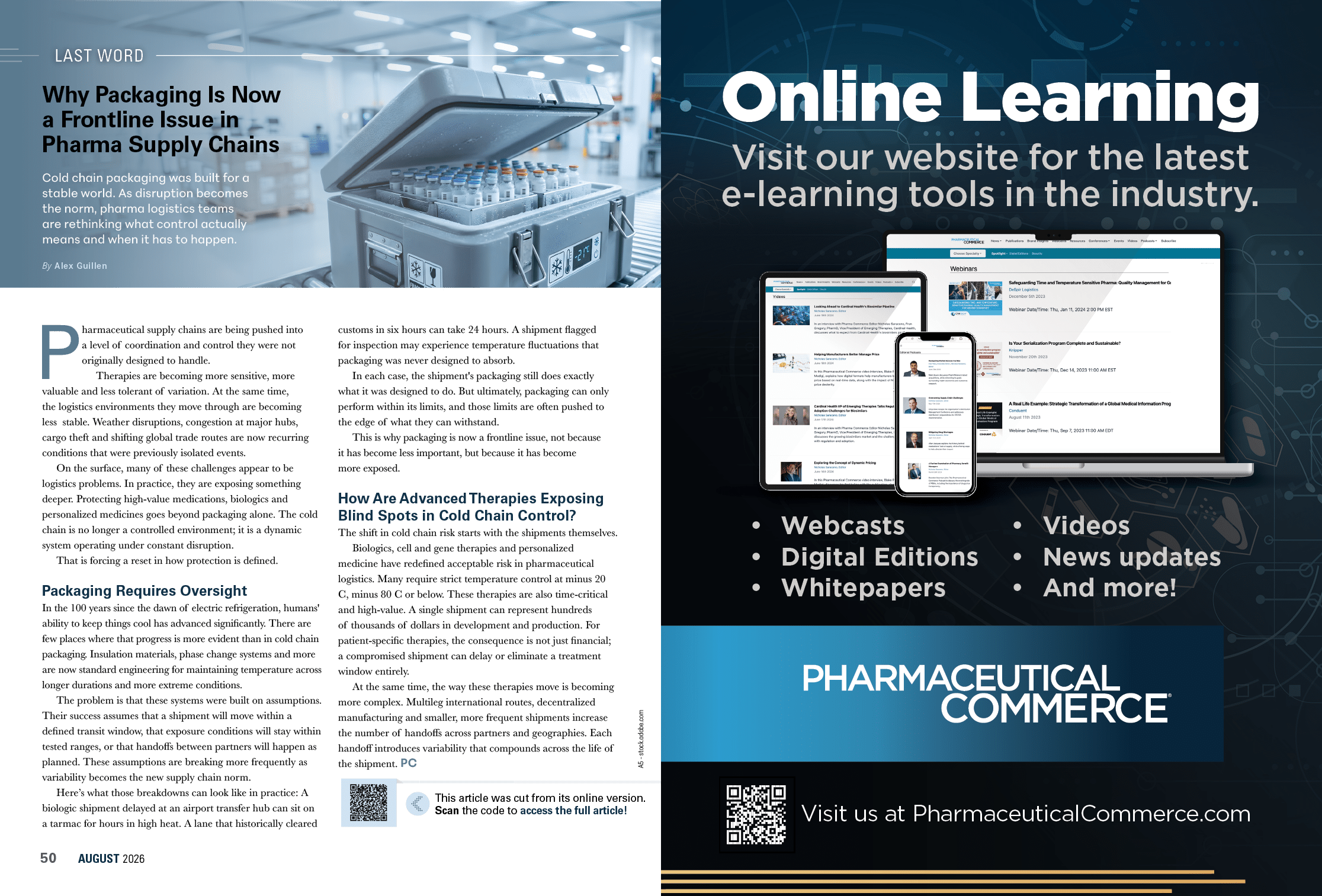 An article discusses the challenges of packaging in pharmaceutical supply chains alongside an advertisement for online learning resources in the pharmaceutical industry featuring digital tools and e-learning options. Description generated by AI