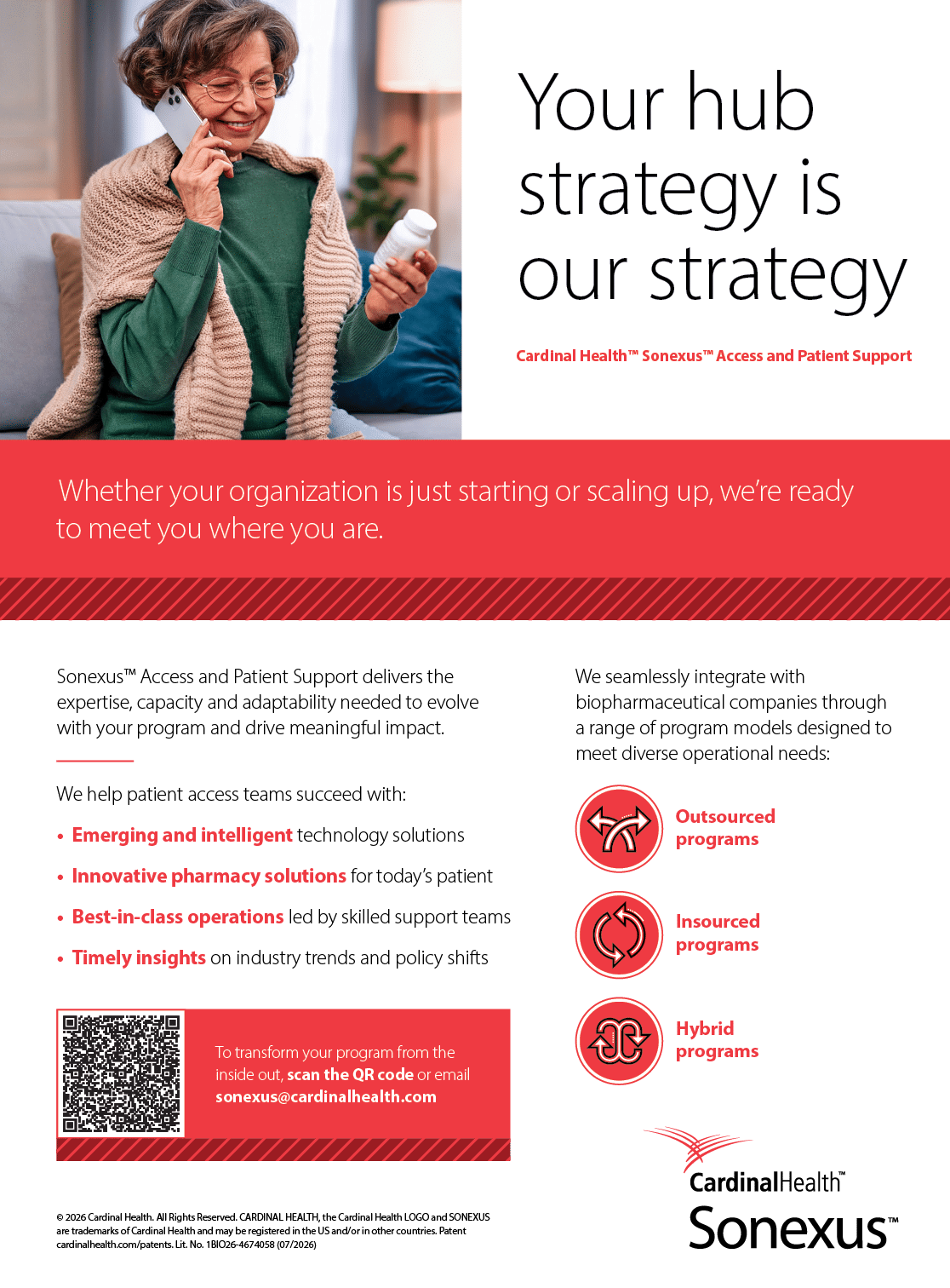 A senior person wearing glasses and a knitted shawl is sitting and reading a medication bottle while a text beside them explains Cardinal Health Sonexus Access and Patient Support hub strategy and services. Description generated by AI