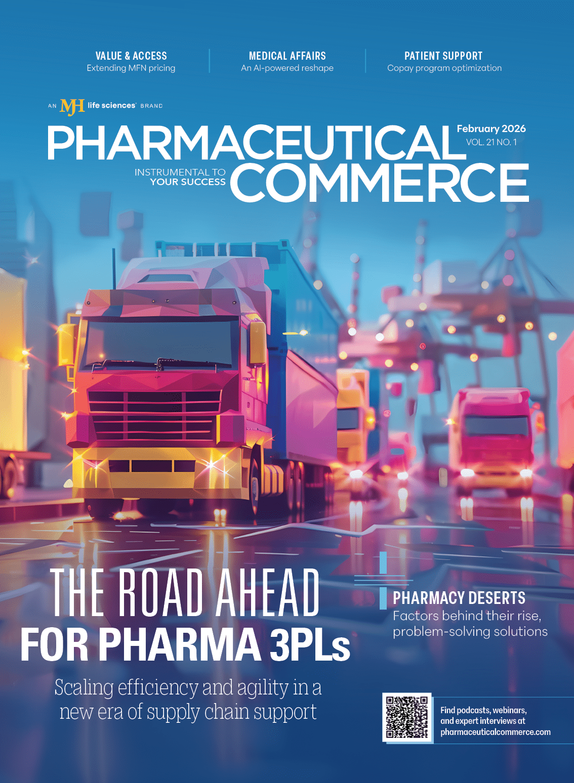 The cover of Pharmaceutical Commerce features a colorful image of a truck driving down a road. AI generated content