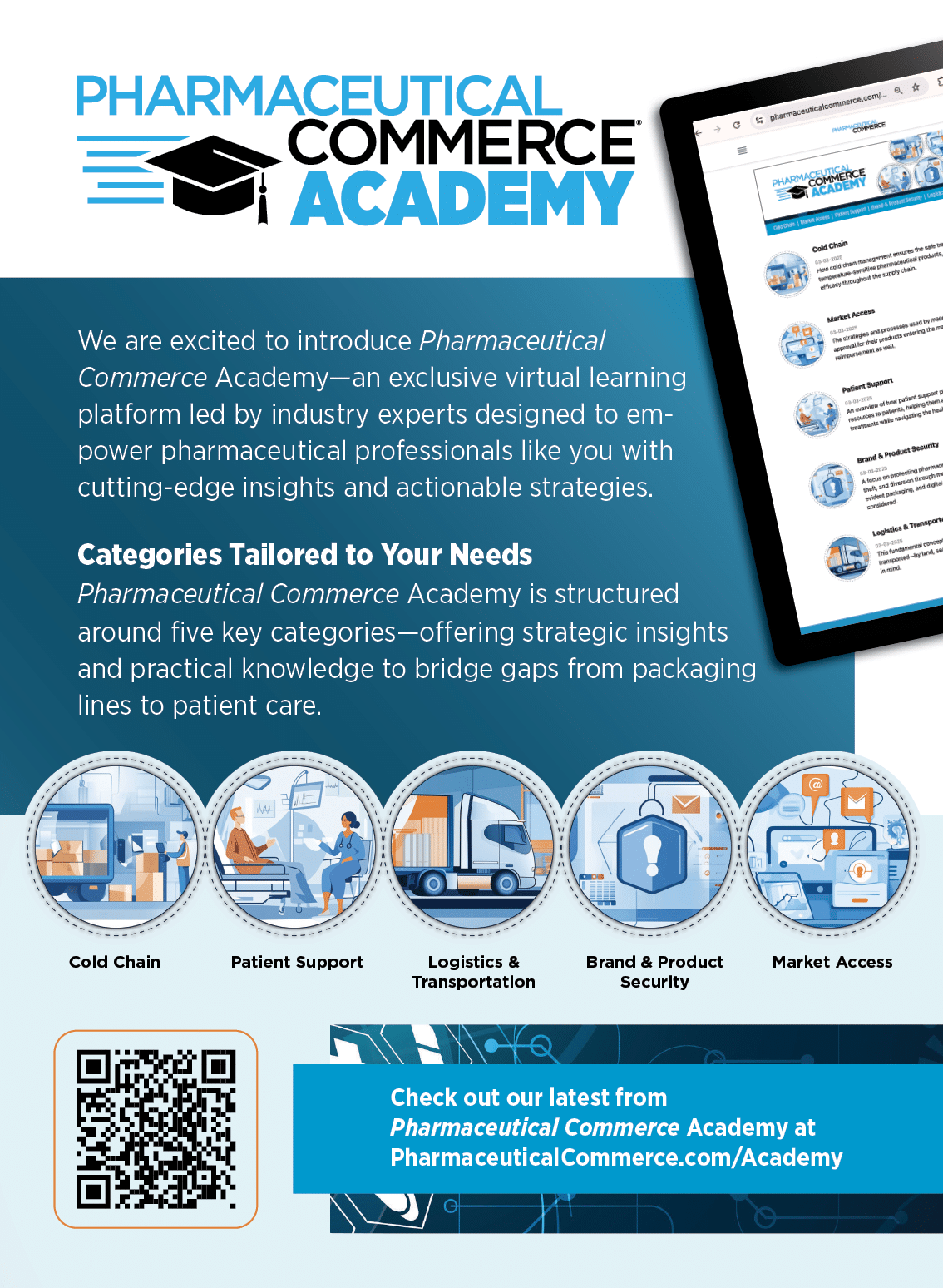 A flyer for Pharmaceutical Commerce Academy features a tablet and a laptop, with the tablet displaying a website. The flyer is advertising a course in pharmaceutical marketing. AI generated content
