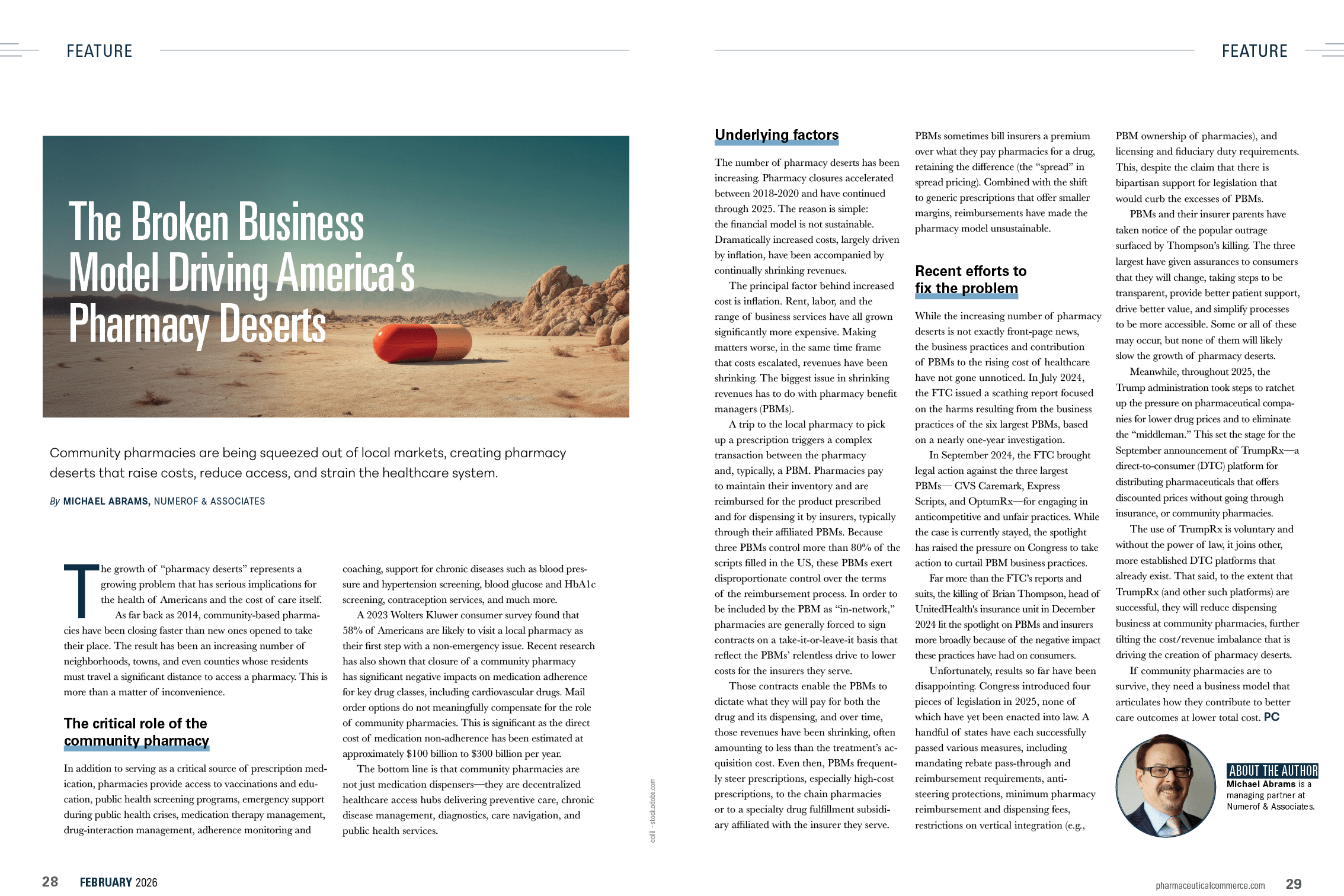 A magazine article discusses the broken business model of pharmacy deserts in America. AI generated content