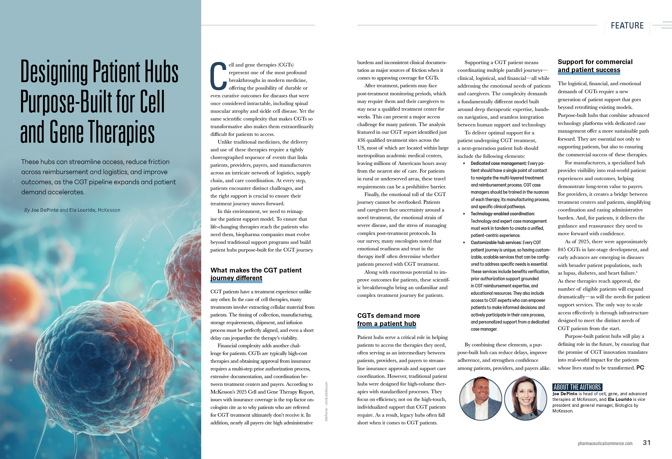 A magazine article discusses designing patient hubs for cell and gene therapies. AI generated content