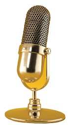 Gold microphone and sound wave on yellow background panoramic. Podcast, live, streaming concept. 3d rendering.