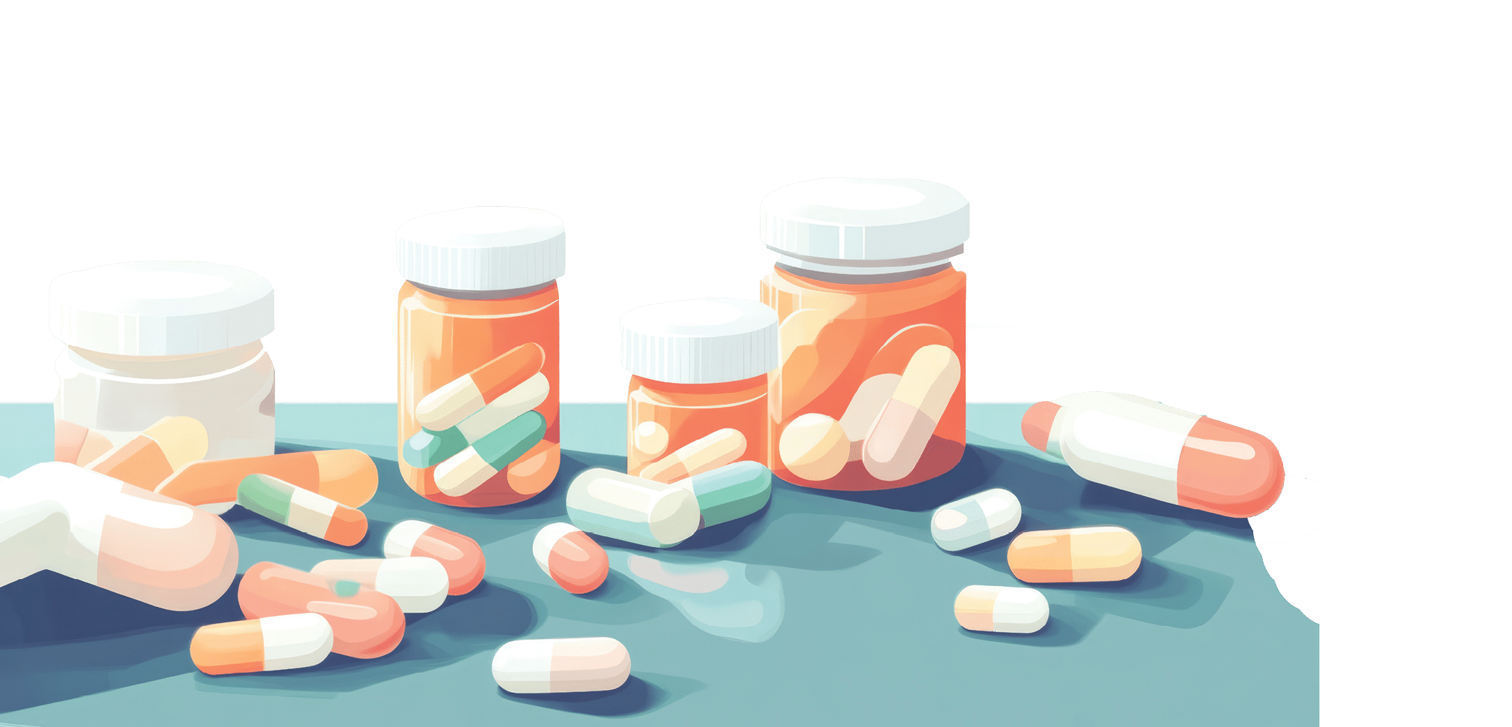 illustration of different pills and bottles for pharmaceutical and healthcare medication and drug research labs concepts with copy space