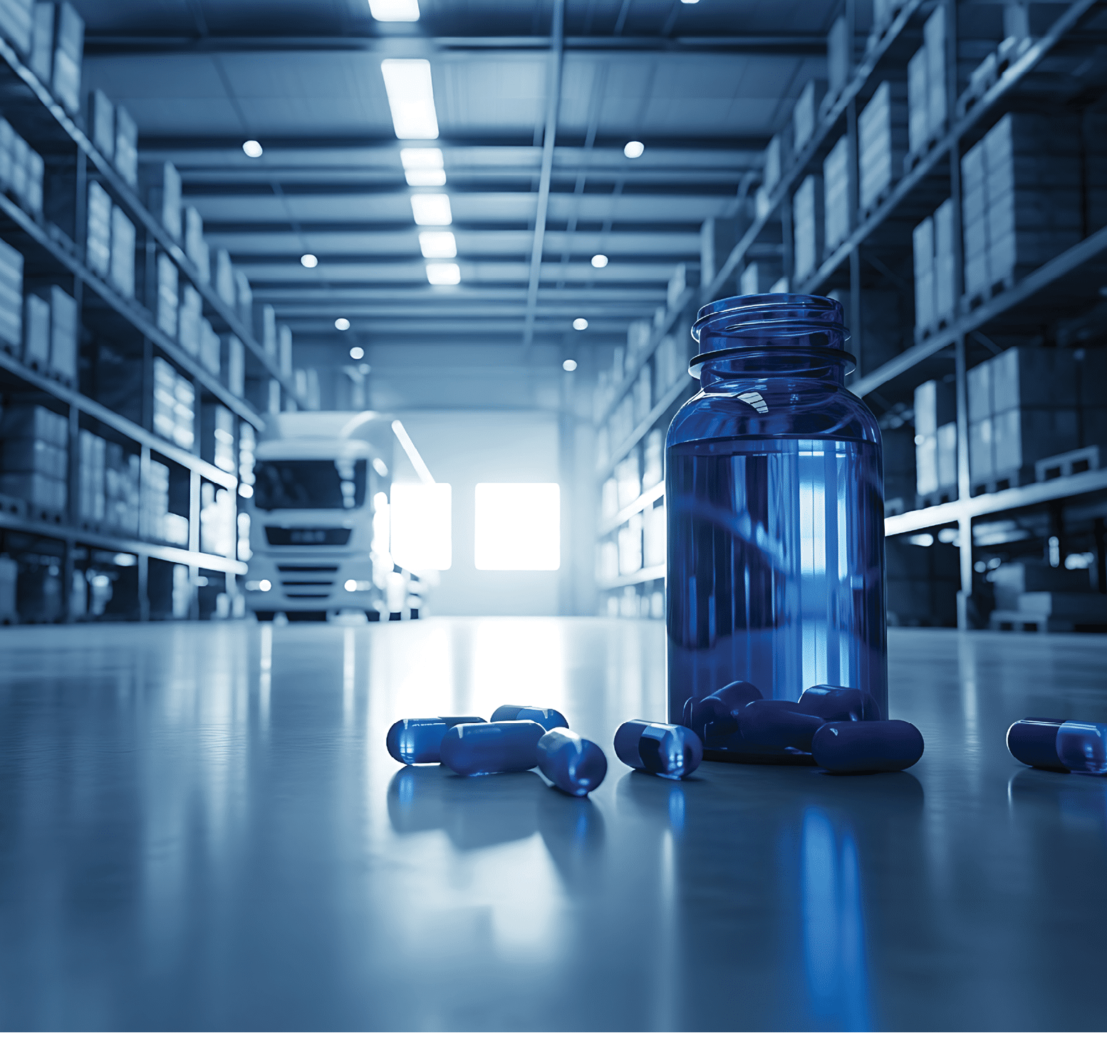 A blue bottle sits on a table next to a row of pills. AI generated content