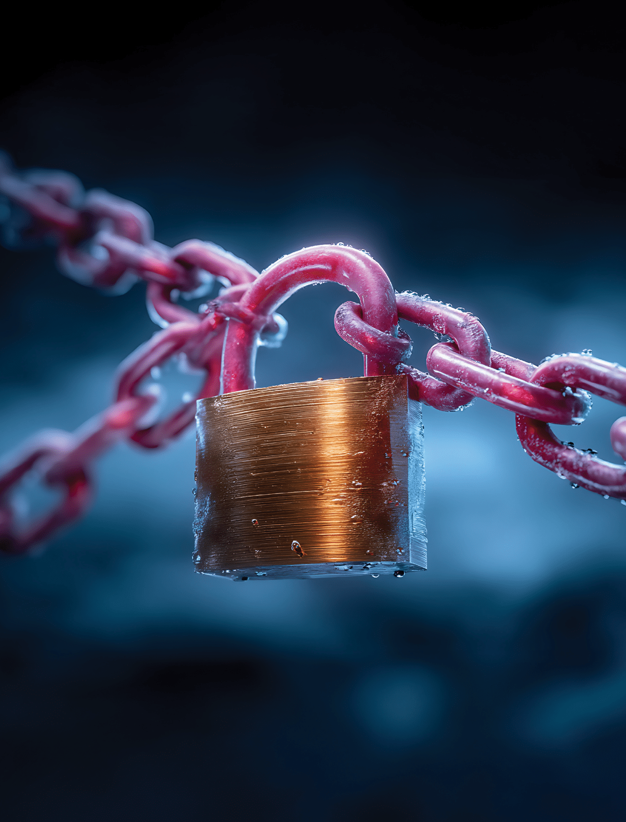 Close-up of a frozen gold padlock secured to a red chain against a blurred blue background.